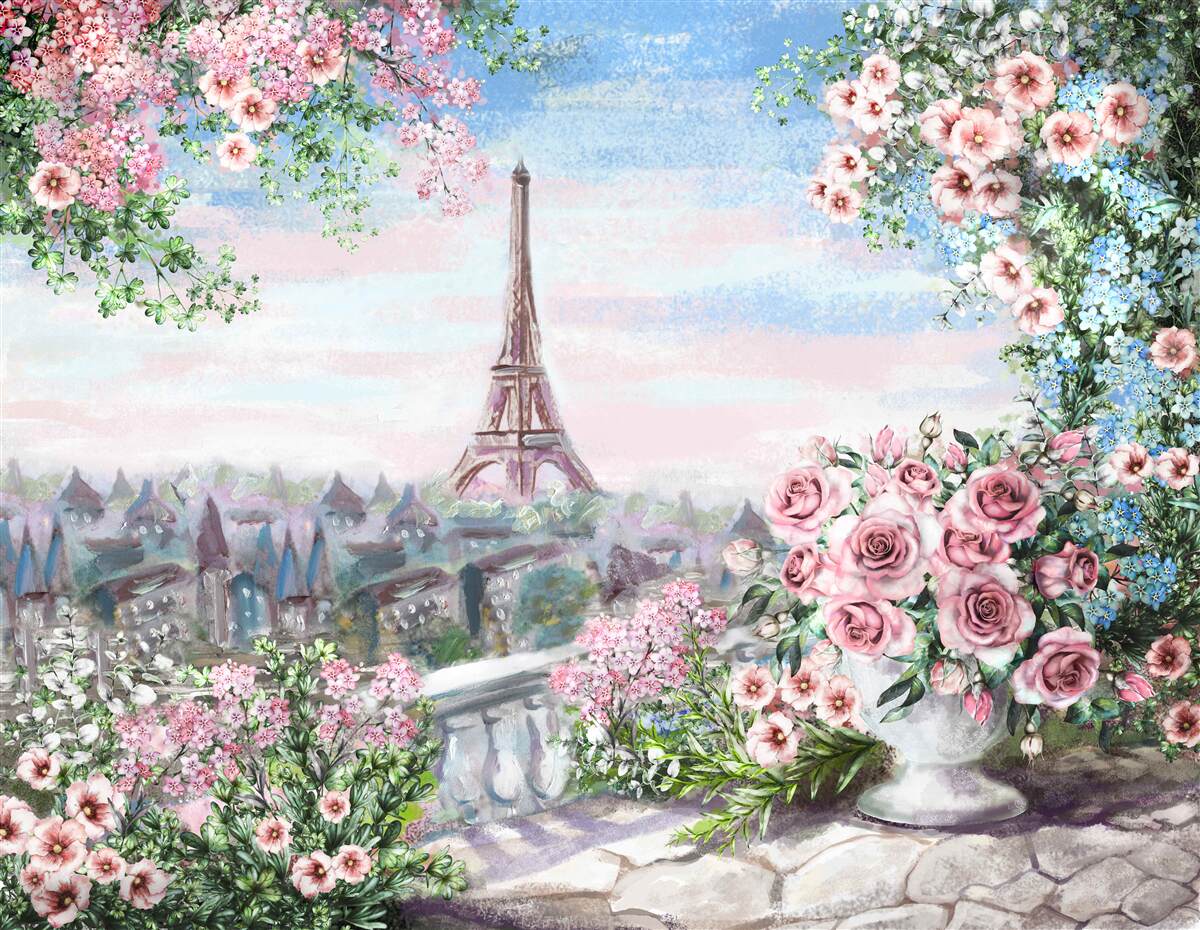 Fototapeten Rosa Blumen im Garten gegenüber dem Eiffelturm