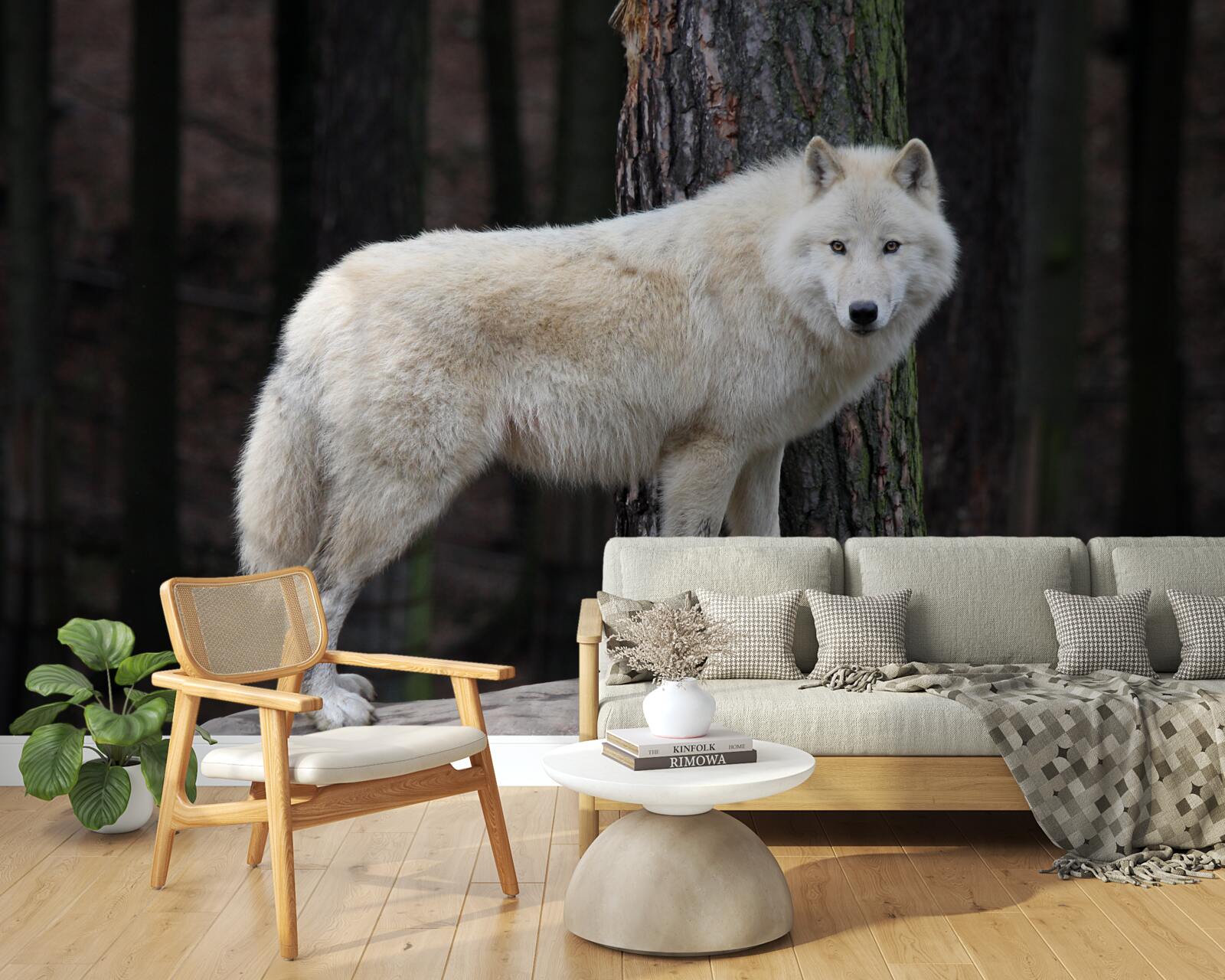 Fototapeten Grauer Wolf auf einem hölzernen Baumstamm