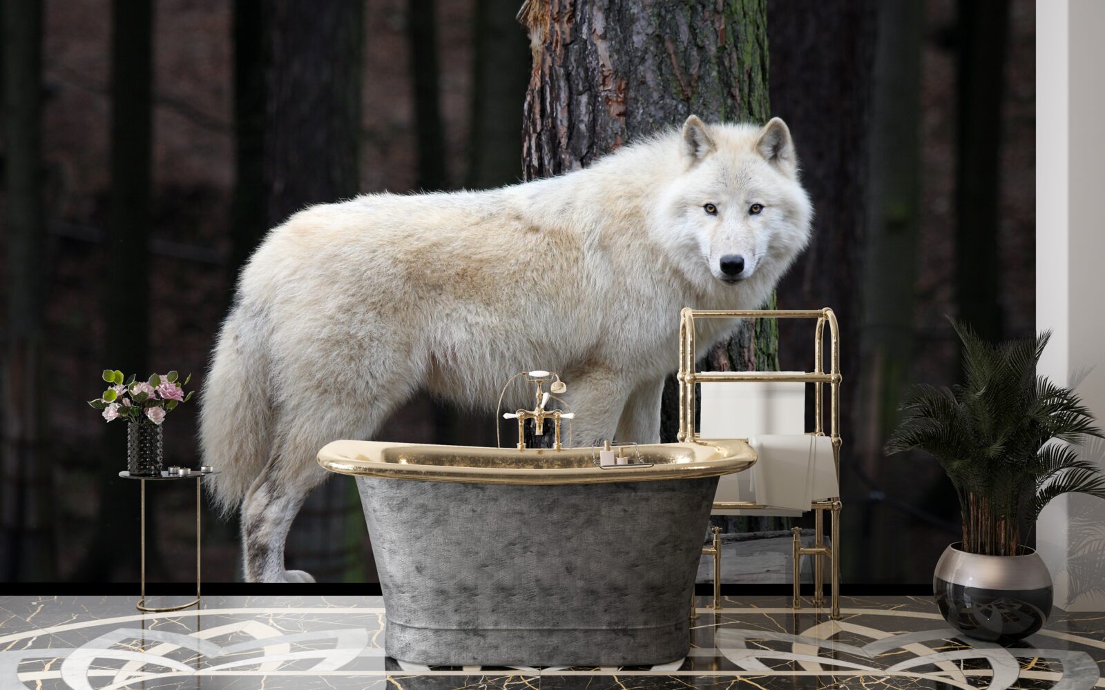 Fototapeten Grauer Wolf auf einem hölzernen Baumstamm
