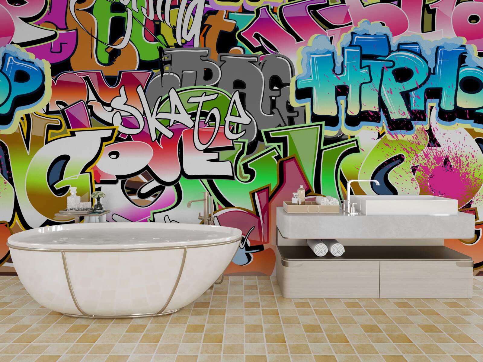 Fototapeten Eye -Catching Graffiti mit hellen Inschriften