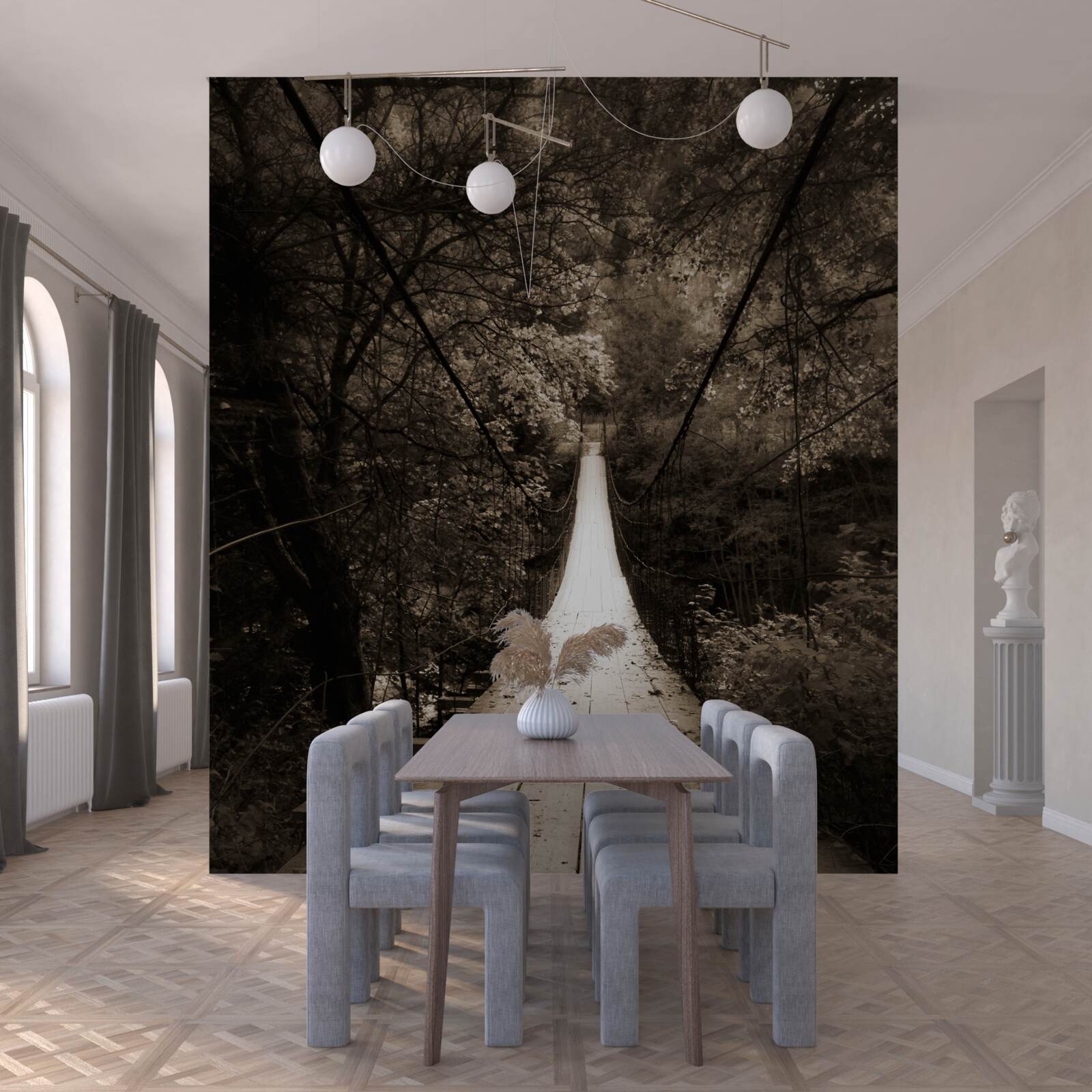 Fototapeten Holzbrücke, die den Teich im Waldbereich verbindet