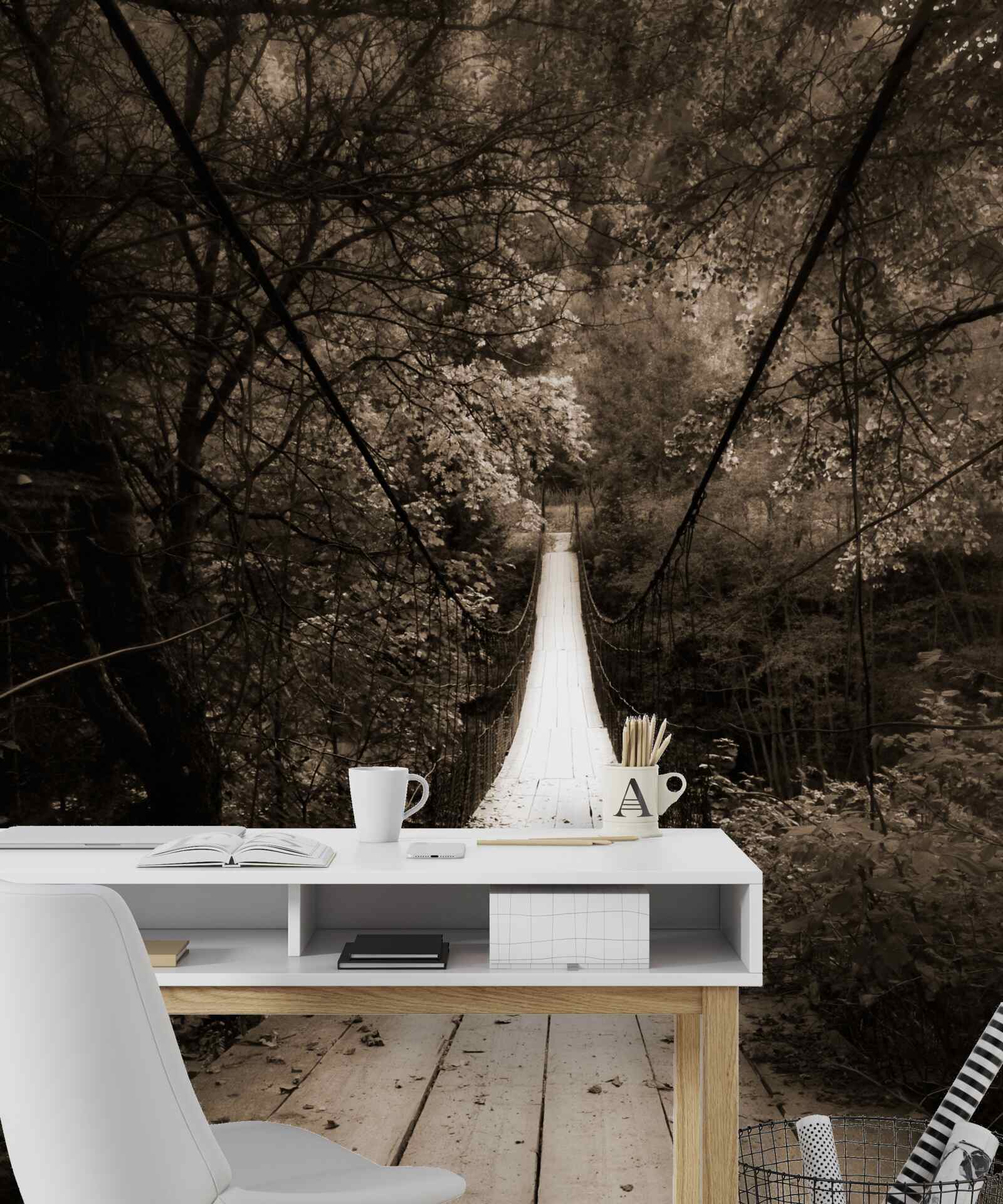 Fototapeten Holzbrücke, die den Teich im Waldbereich verbindet