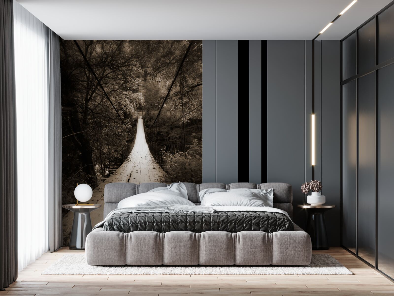 Fototapeten Holzbrücke, die den Teich im Waldbereich verbindet