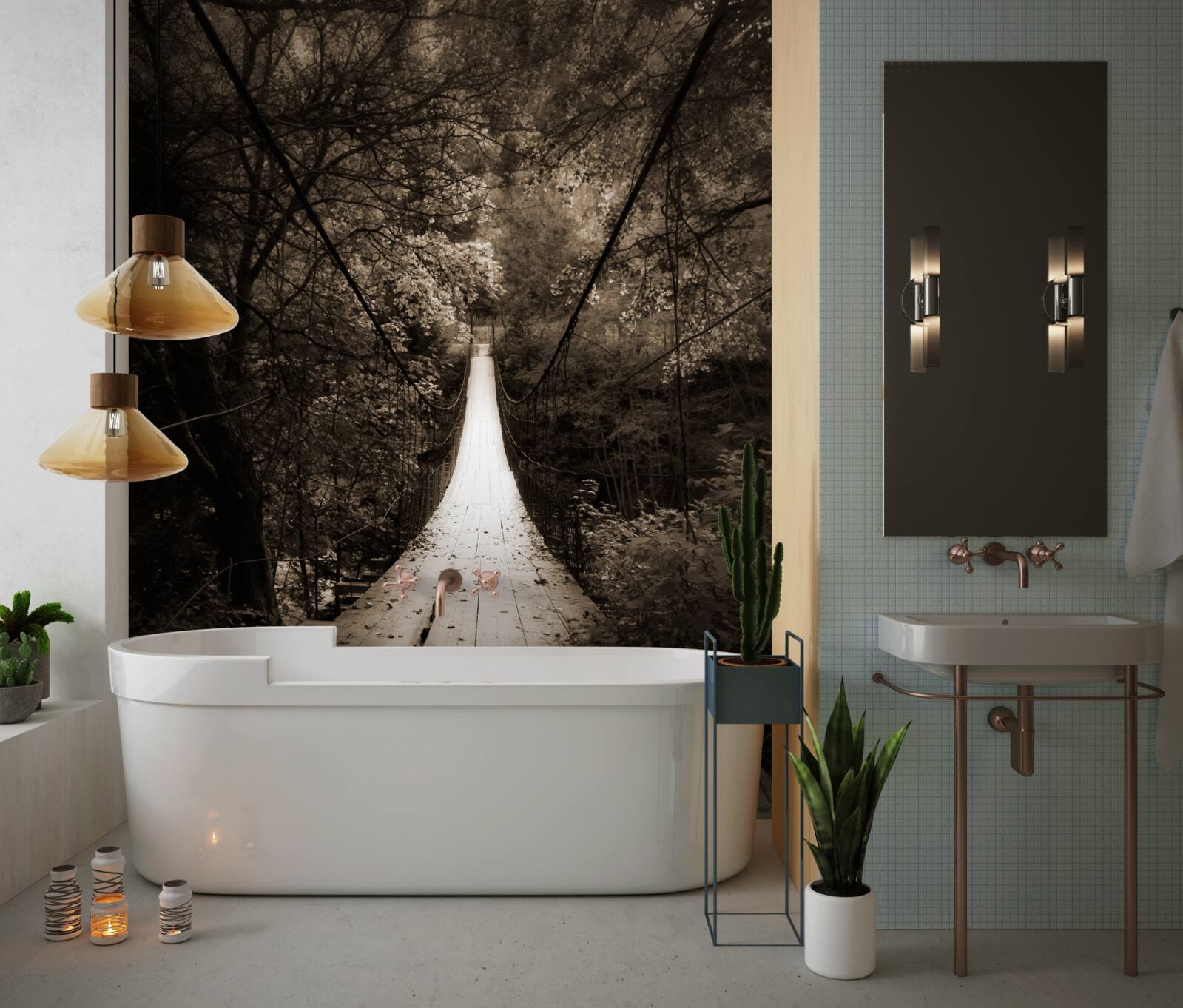 Fototapeten Holzbrücke, die den Teich im Waldbereich verbindet