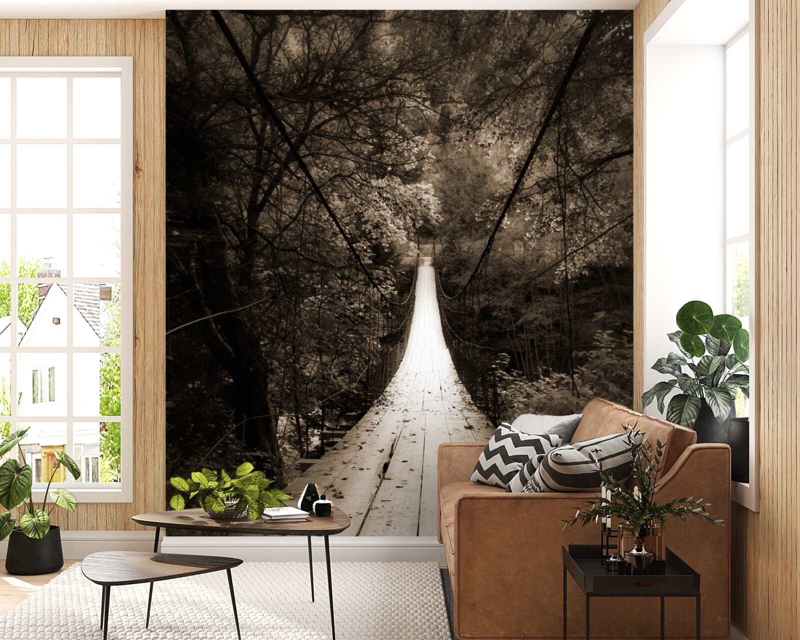 Fototapeten Holzbrücke, die den Teich im Waldbereich verbindet