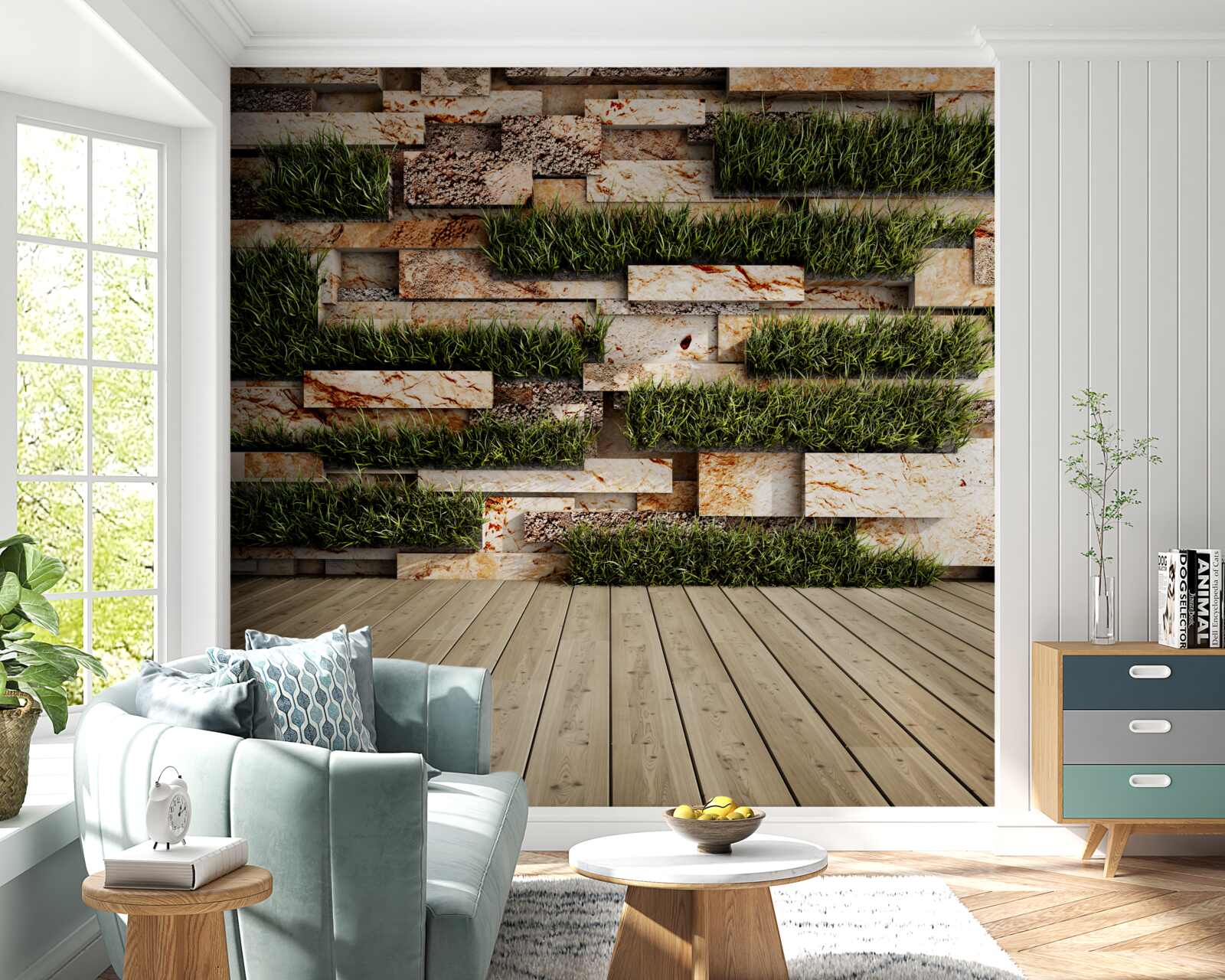Fototapeten Steinmauer mit grünen Pflanzen dekoriert