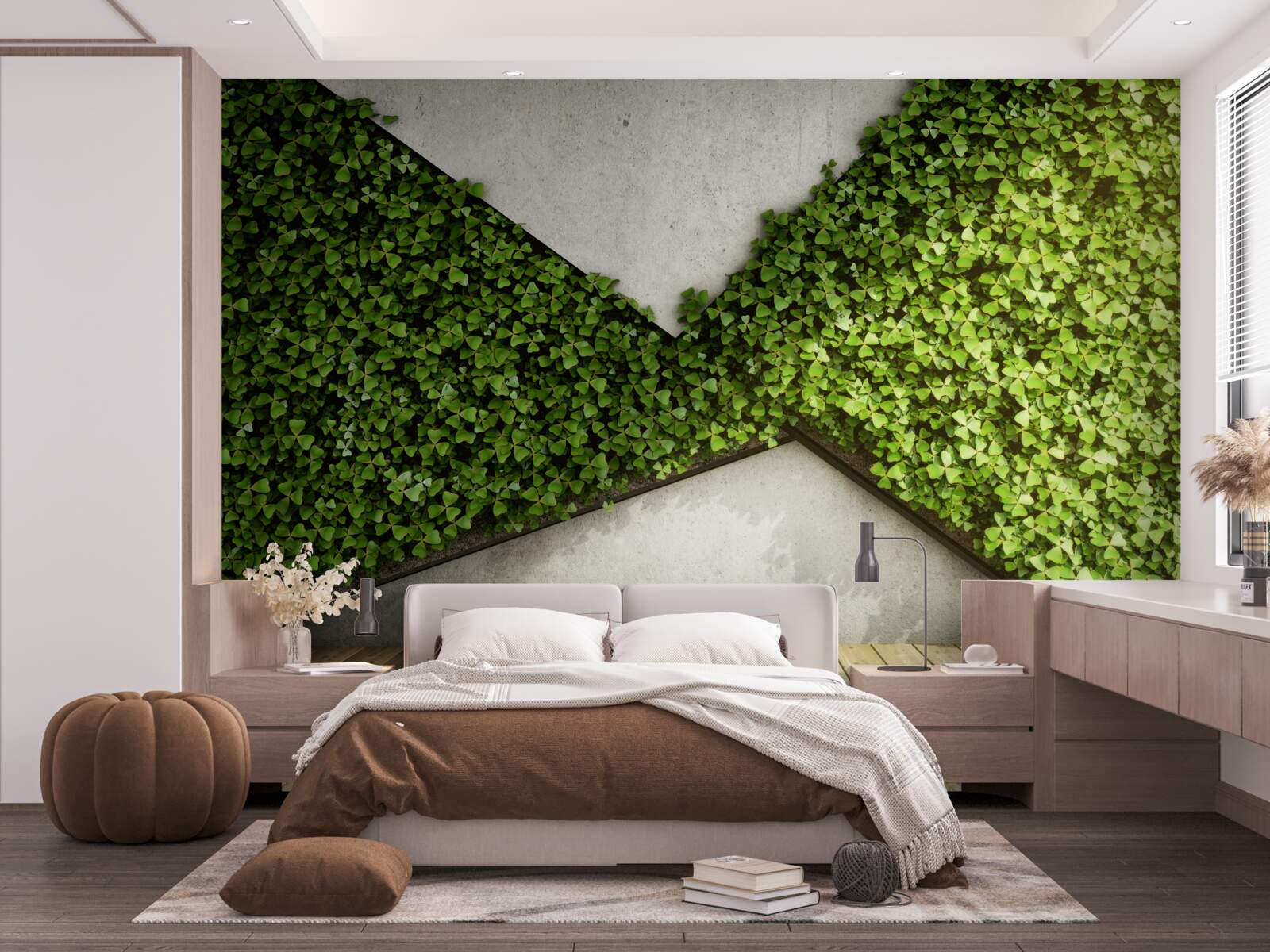 Fototapeten Auf dem Boden das Parquet und die Wand mit lebenden Pflanzen dekoriert
