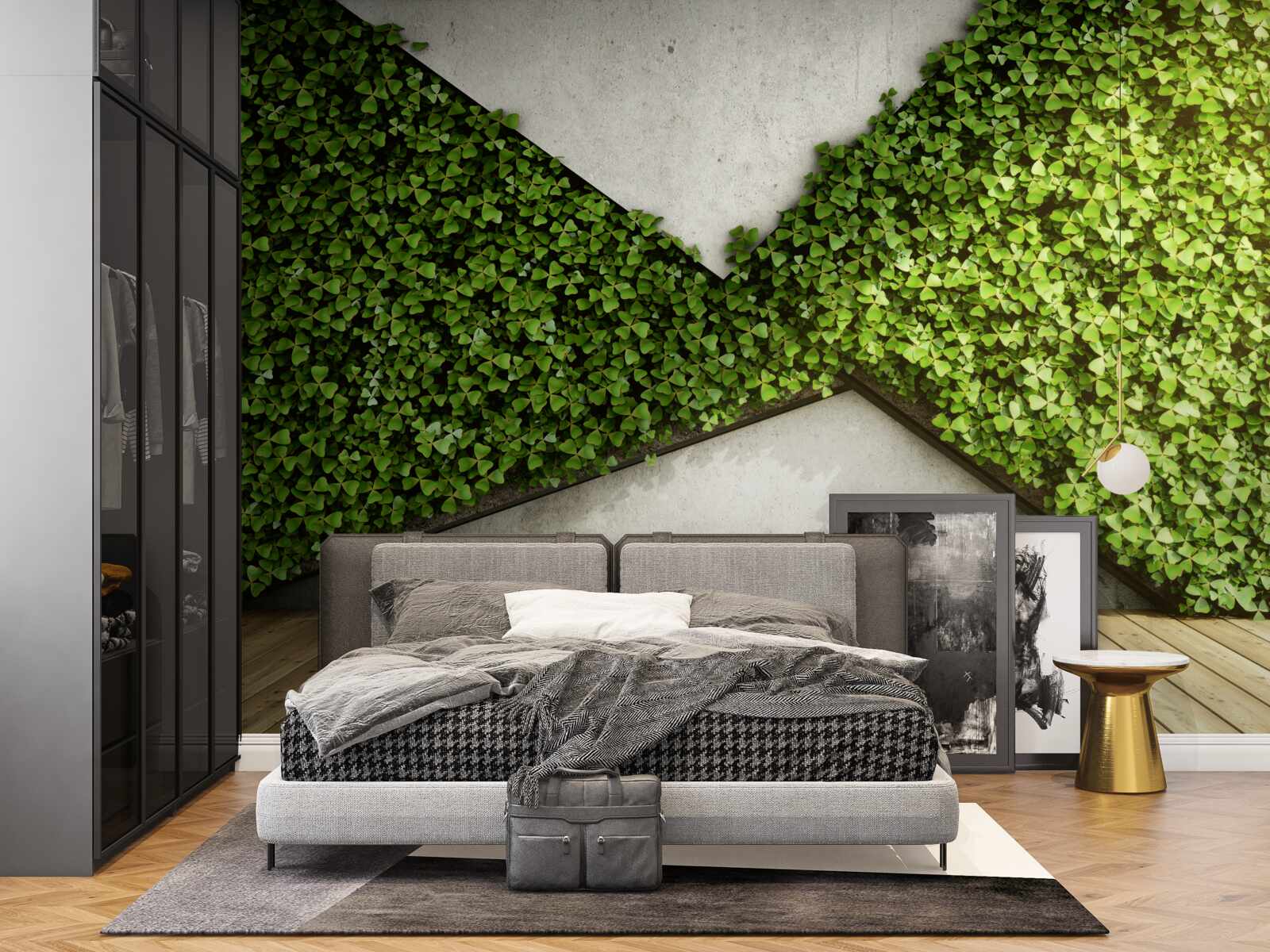 Fototapeten Auf dem Boden das Parquet und die Wand mit lebenden Pflanzen dekoriert