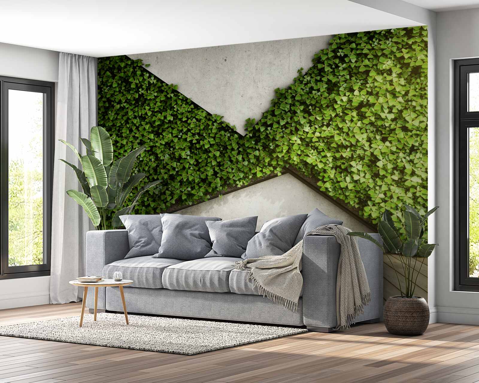 Fototapeten Auf dem Boden das Parquet und die Wand mit lebenden Pflanzen dekoriert