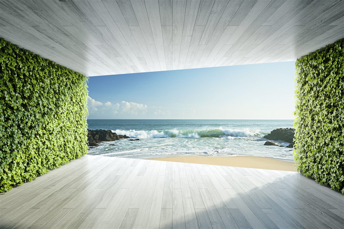 Fototapeten Eleganter Balkon in Grüntönen mit Blick auf die Küste