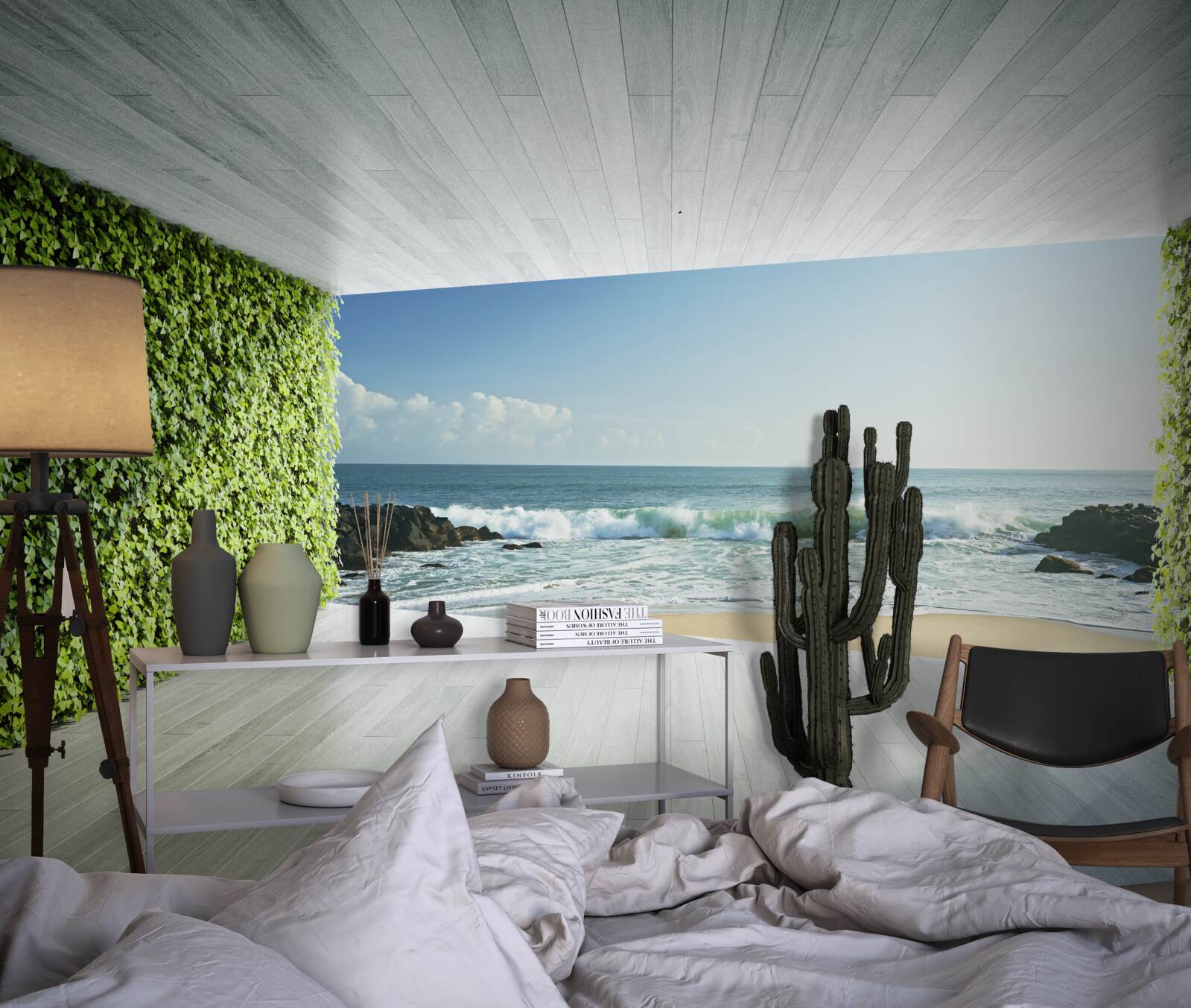 Fototapeten Eleganter Balkon in Grüntönen mit Blick auf die Küste