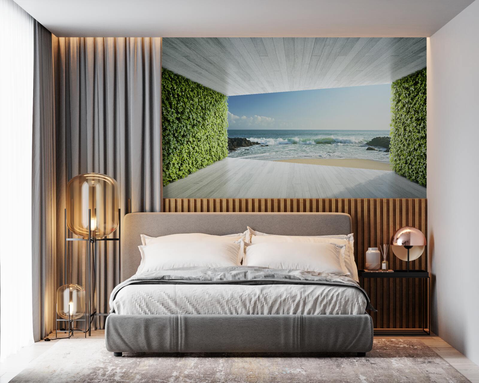 Fototapeten Eleganter Balkon in Grüntönen mit Blick auf die Küste