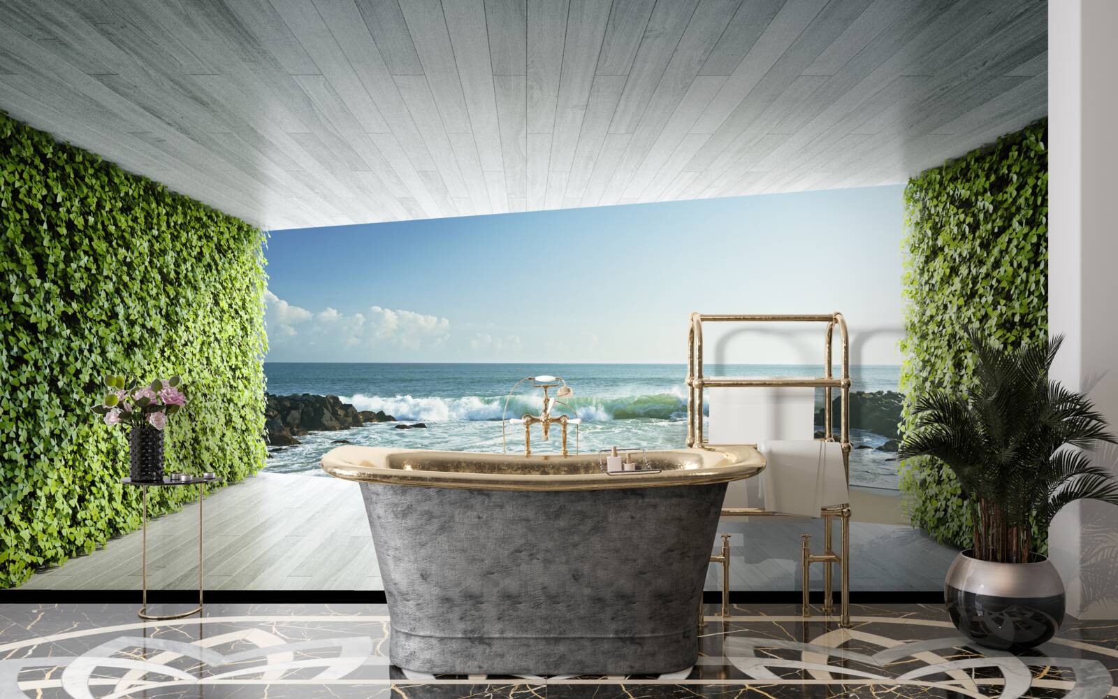 Fototapeten Eleganter Balkon in Grüntönen mit Blick auf die Küste