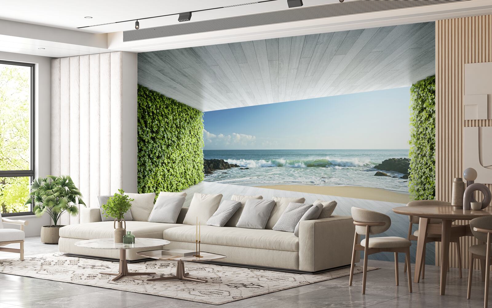 Fototapeten Eleganter Balkon in Grüntönen mit Blick auf die Küste