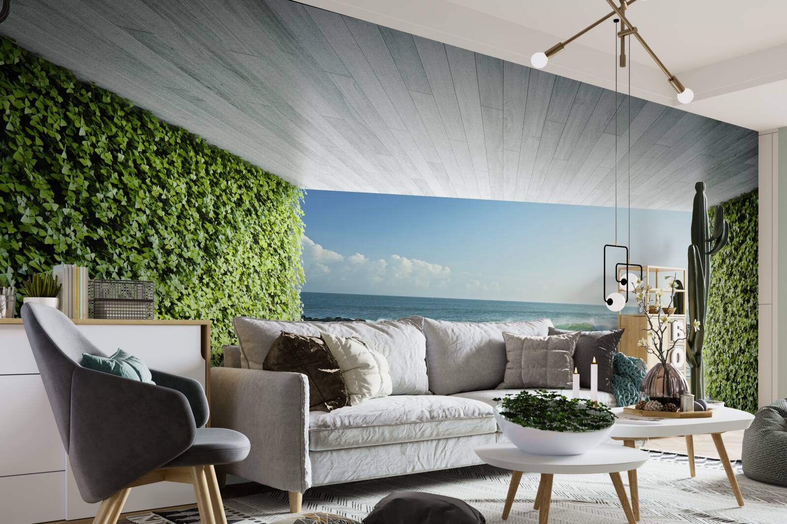 Fototapeten Eleganter Balkon in Grüntönen mit Blick auf die Küste