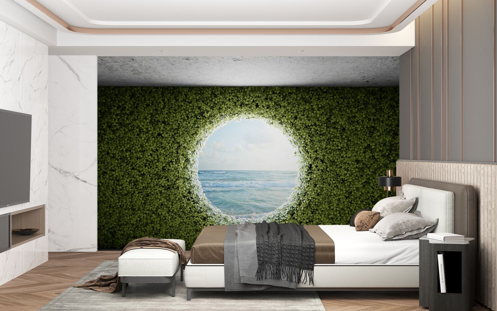 Fototapeten Wand aus grünen Pflanzen mit einer runden Öffnung