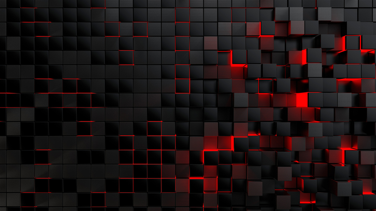 Fototapeten Schwarz strukturierte Wand, die durch rotes Licht beleuchtet und mit Quadraten dekoriert wurde