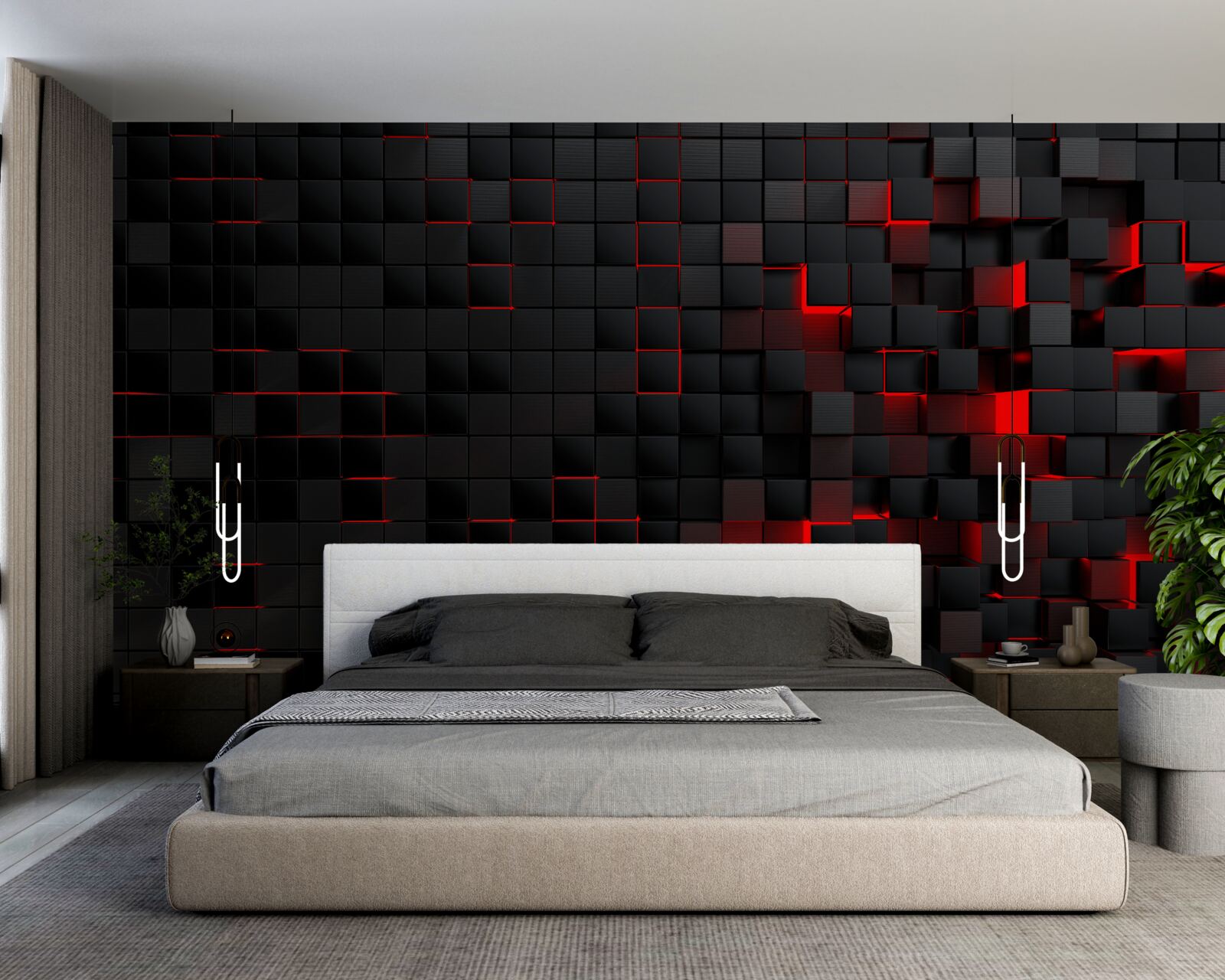 Fototapeten Schwarz strukturierte Wand, die durch rotes Licht beleuchtet und mit Quadraten dekoriert wurde