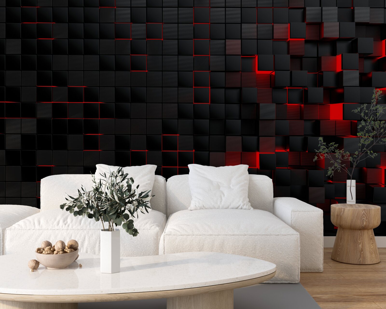 Fototapeten Schwarz strukturierte Wand, die durch rotes Licht beleuchtet und mit Quadraten dekoriert wurde
