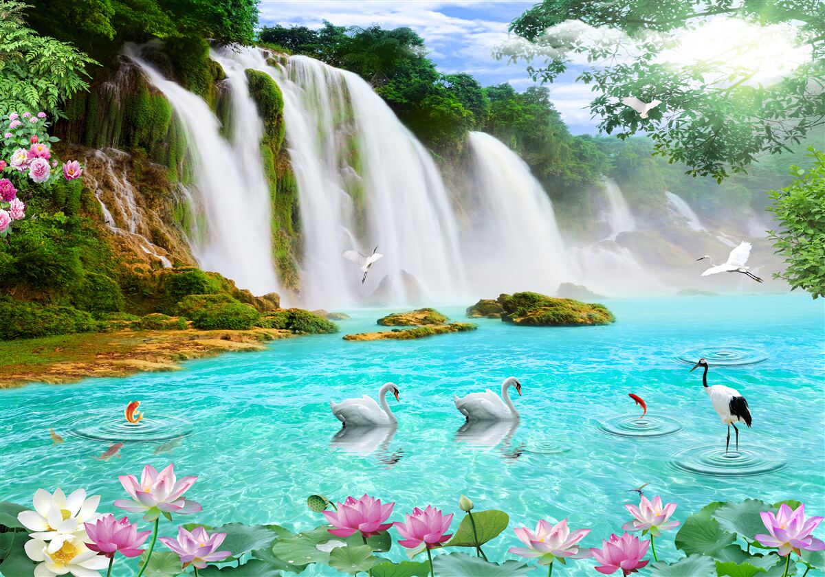 Fototapeten Das Wasser am Wasserfall mit Schwänen hat einen kristallblauen Farbton