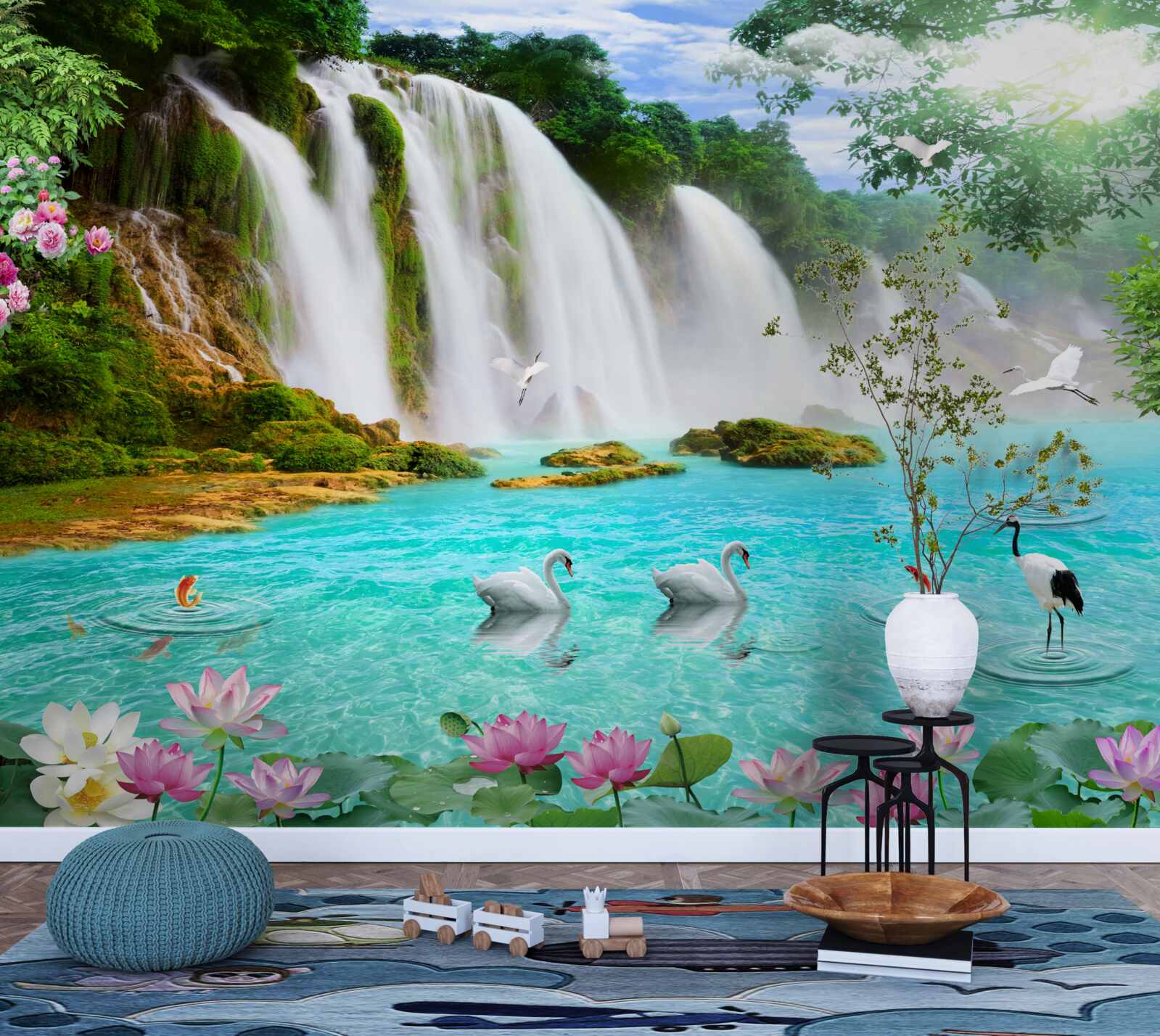 Fototapeten Das Wasser am Wasserfall mit Schwänen hat einen kristallblauen Farbton