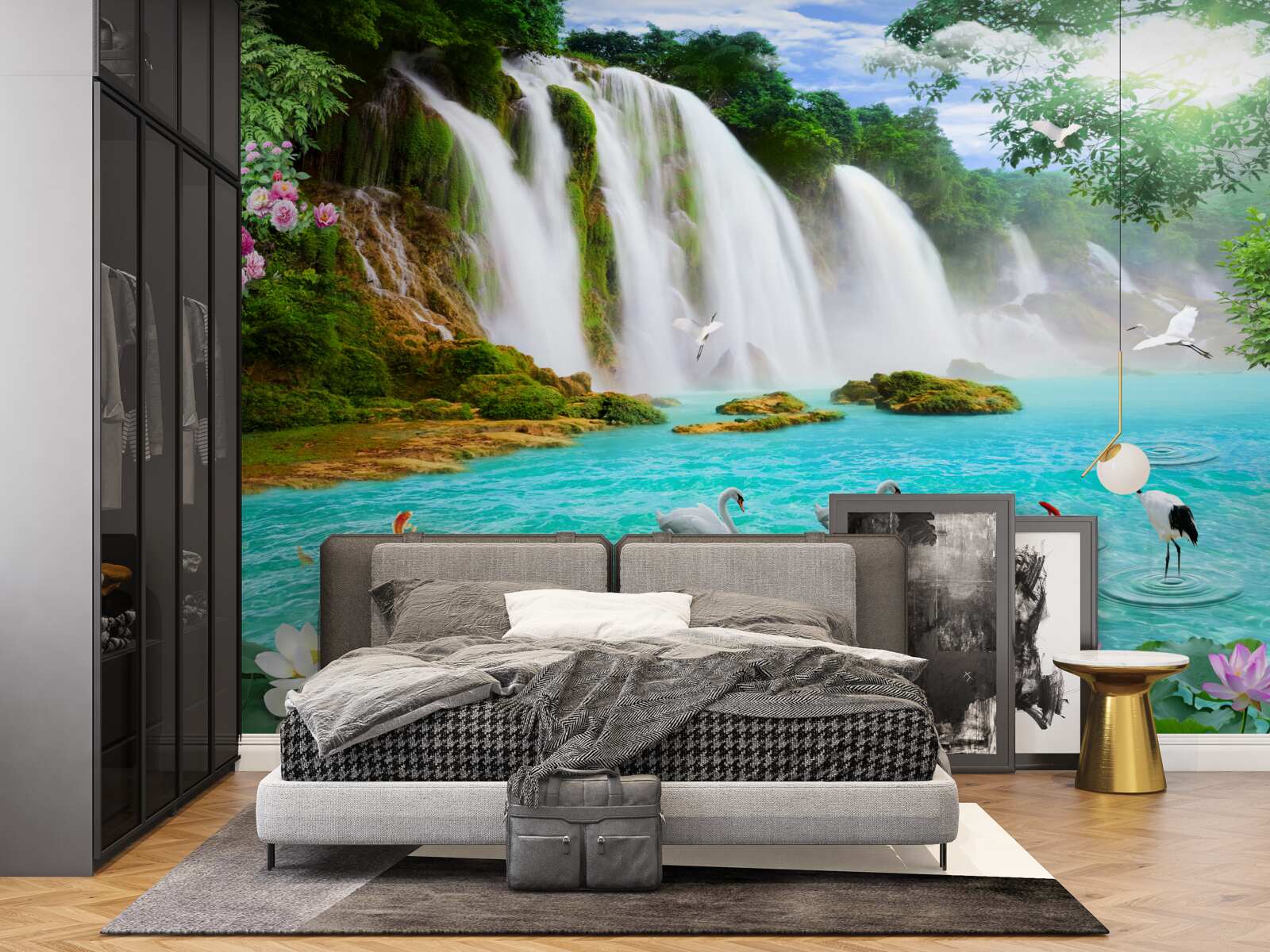 Fototapeten Das Wasser am Wasserfall mit Schwänen hat einen kristallblauen Farbton
