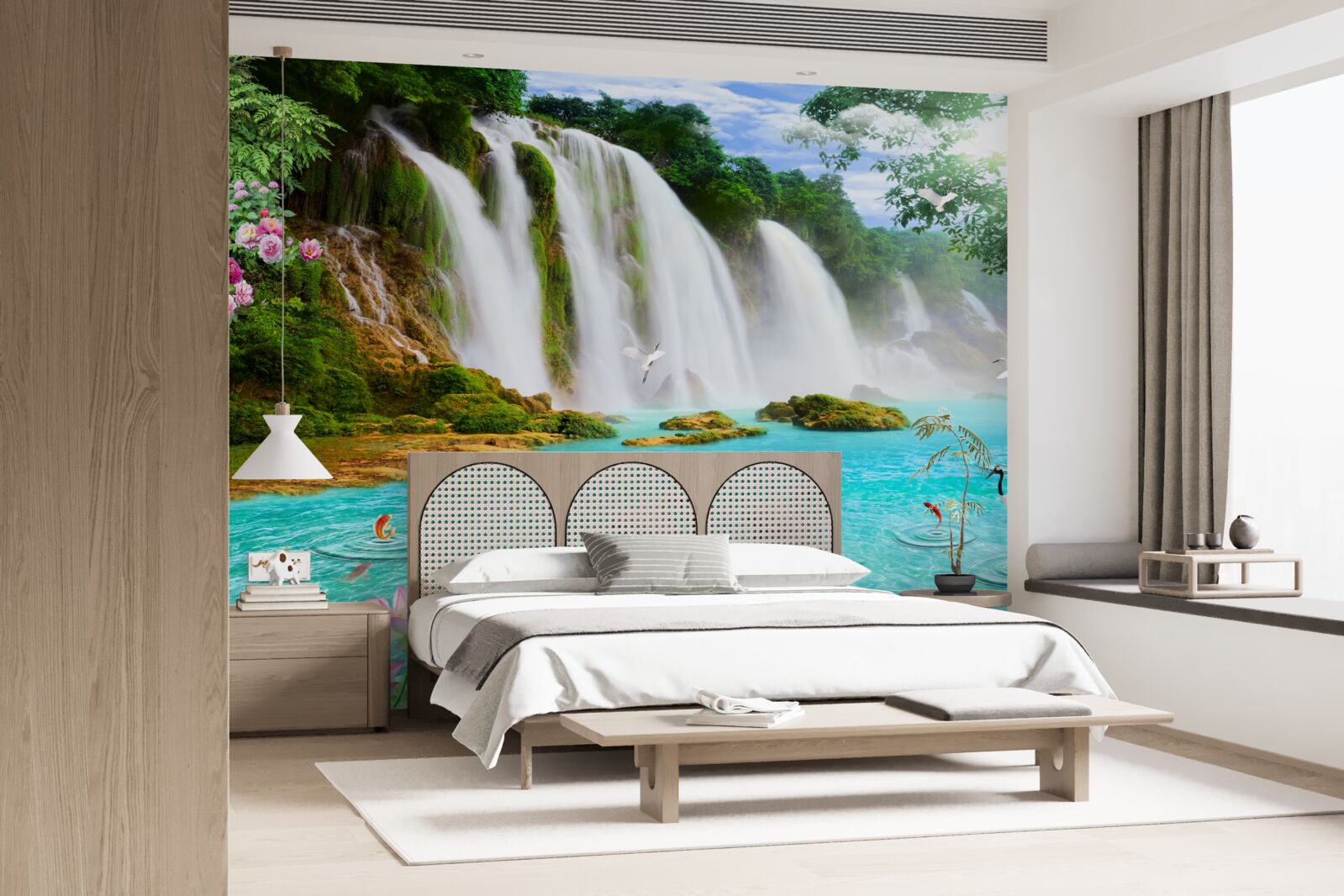 Fototapeten Das Wasser am Wasserfall mit Schwänen hat einen kristallblauen Farbton