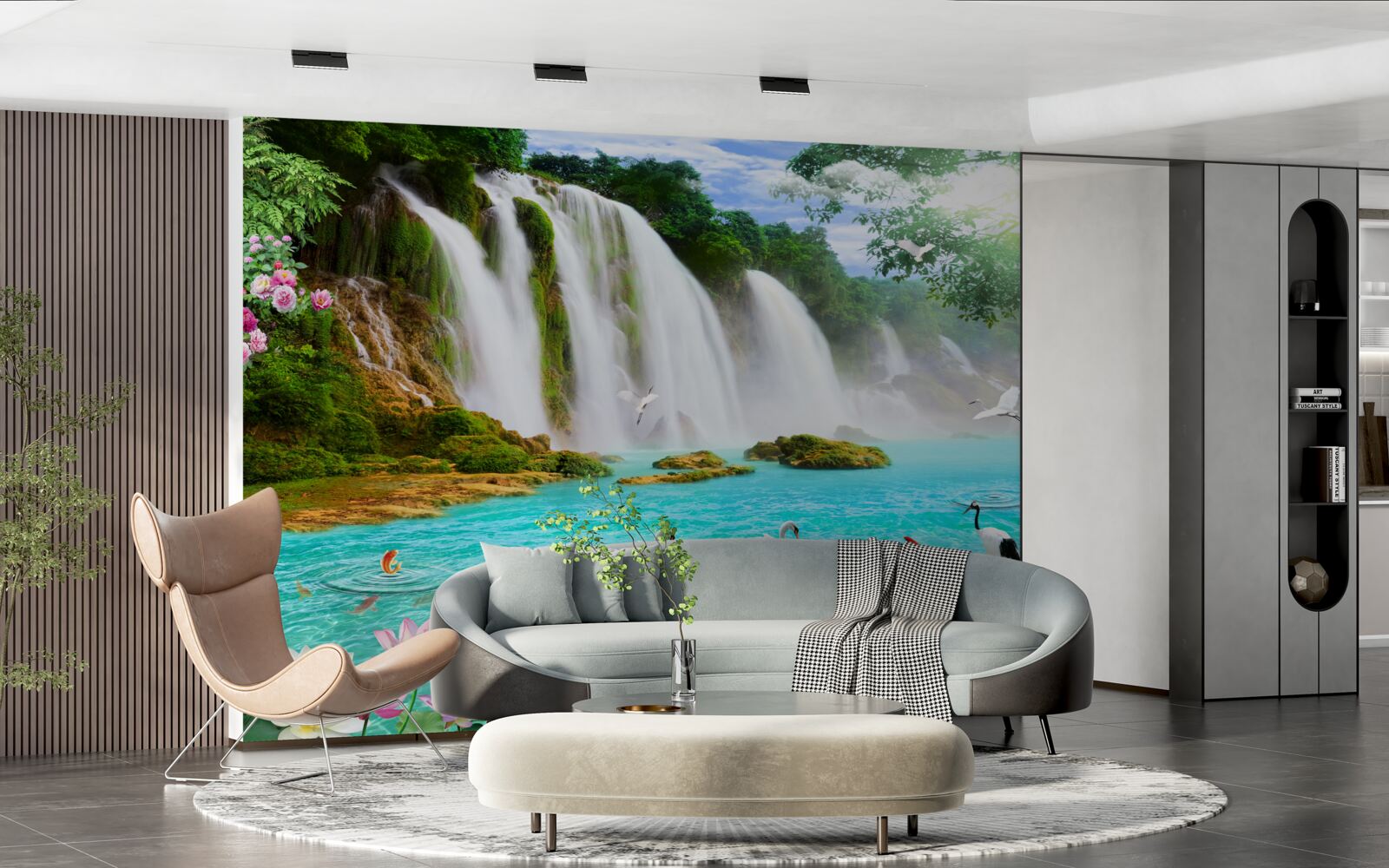 Fototapeten Das Wasser am Wasserfall mit Schwänen hat einen kristallblauen Farbton
