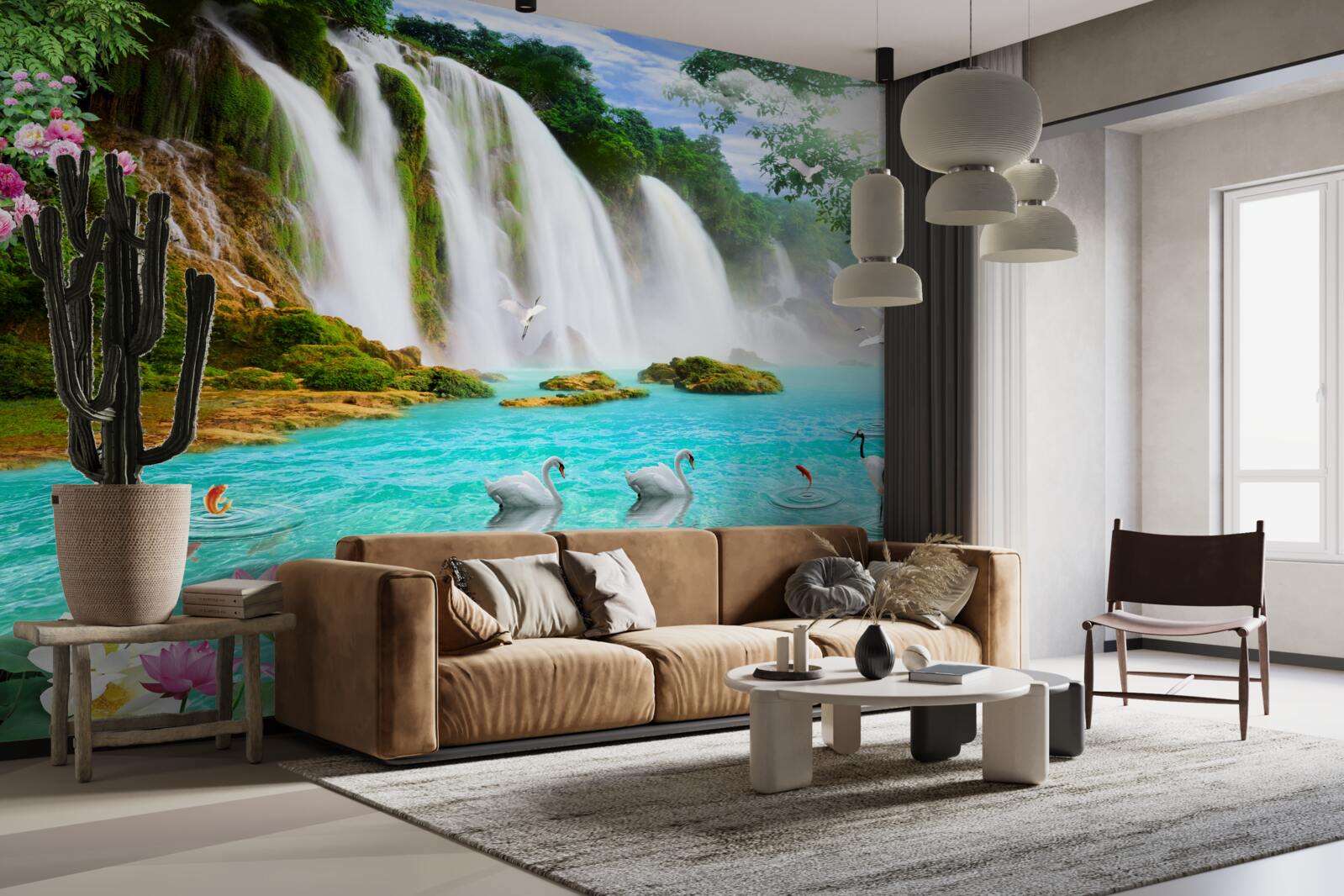 Fototapeten Das Wasser am Wasserfall mit Schwänen hat einen kristallblauen Farbton