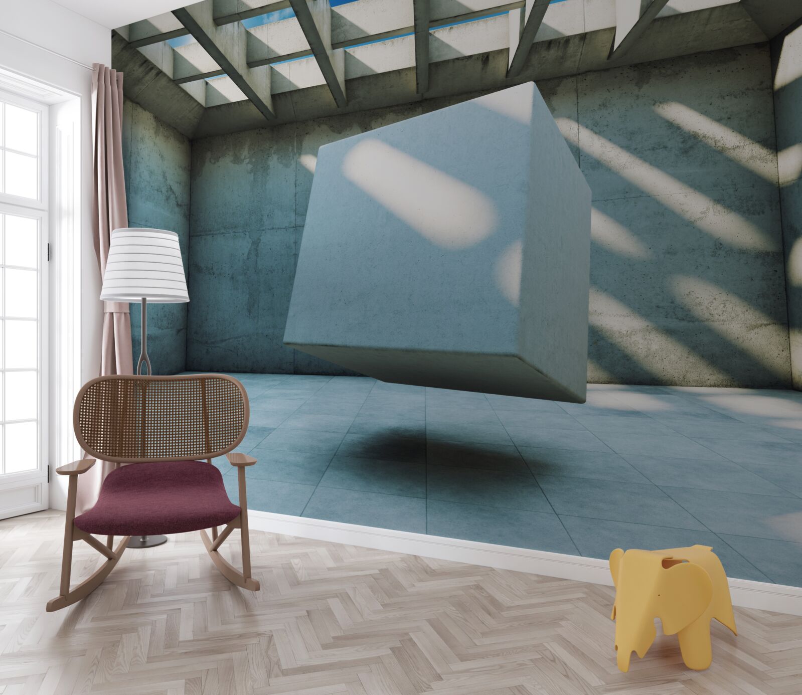 Fototapeten 3D -Würfel schweben in einem beleuchteten Raum