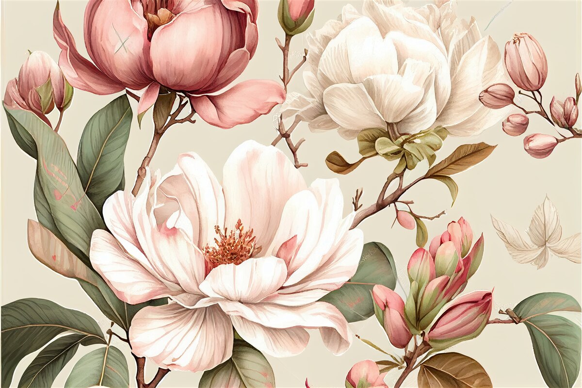 Fototapeten Magnolien in Rot- und Weißtönen an Zweigen