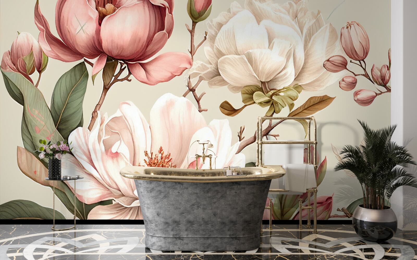 Fototapeten Magnolien in Rot- und Weißtönen an Zweigen