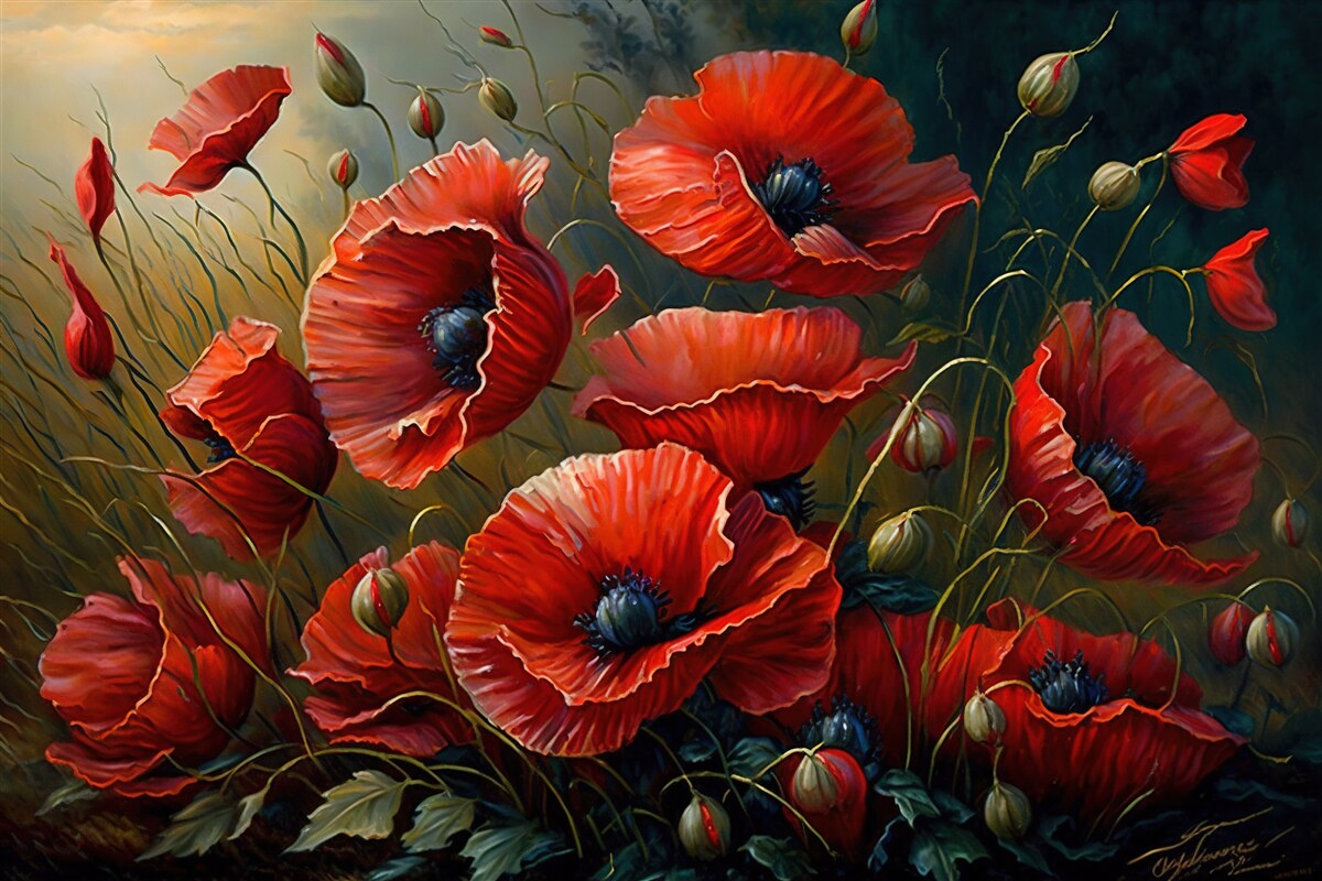 Fototapeten Während des Sturms die Plantage von hellen Mohnblumen