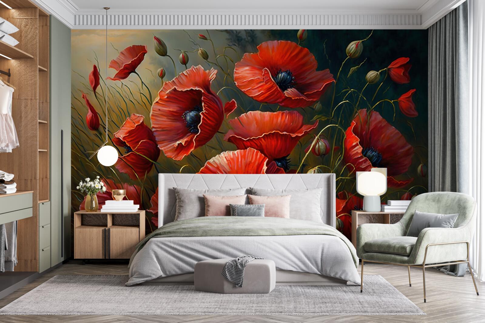 Fototapeten Während des Sturms die Plantage von hellen Mohnblumen