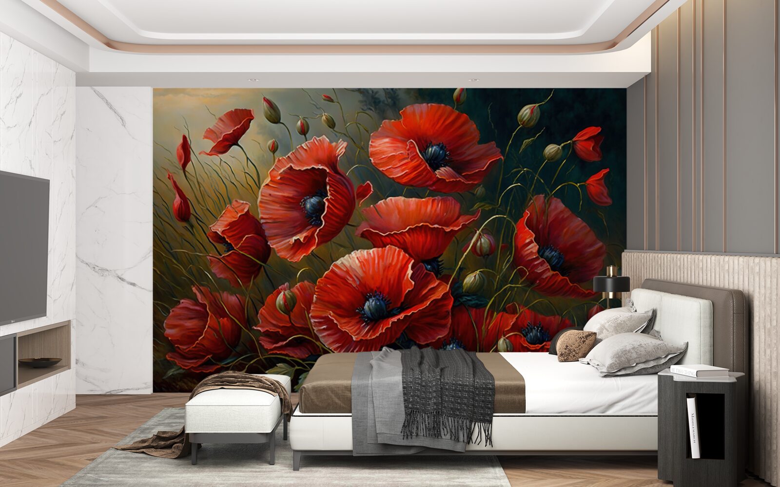 Fototapeten Während des Sturms die Plantage von hellen Mohnblumen