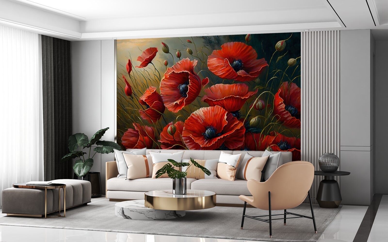 Fototapeten Während des Sturms die Plantage von hellen Mohnblumen