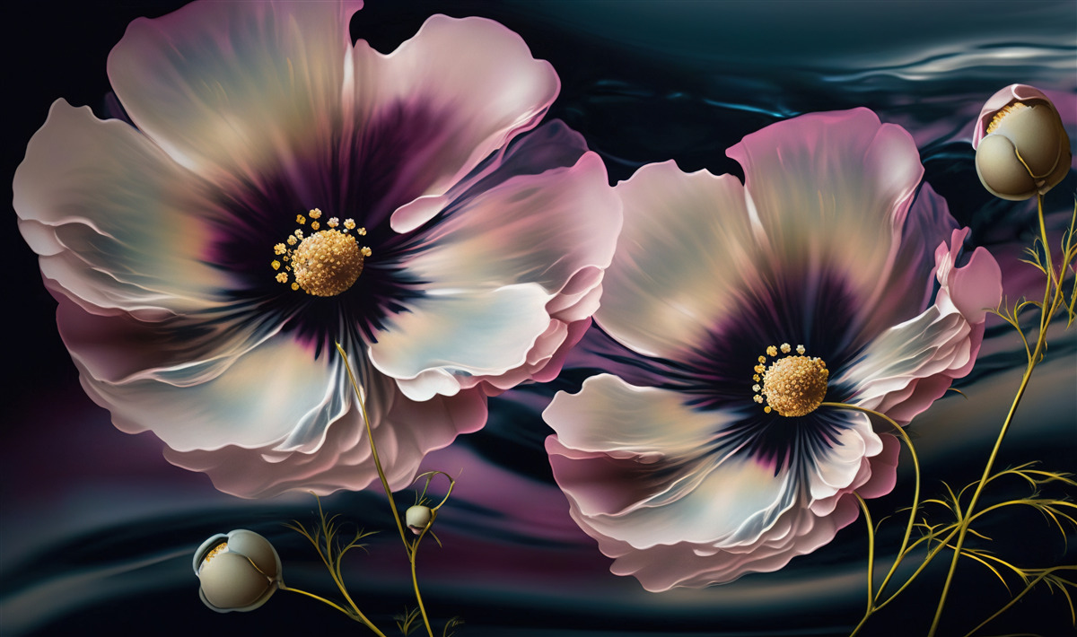 Fototapeten Der Wind schwankt schneeweiß und tolle Mohnblumen