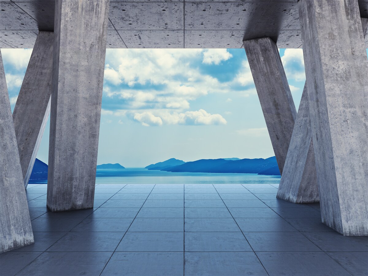 Fototapeten Bögen aus Beton, öffnen das Panorama der Berge und den Himmel