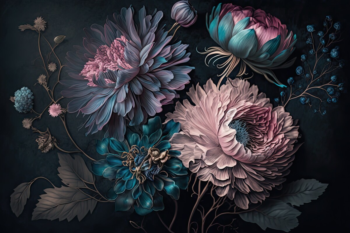 Fototapeten Tropische Blumen blühen auf einem dunklen Hintergrund
