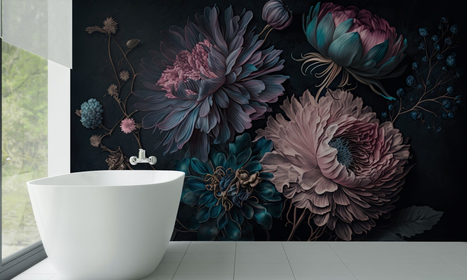 Fototapeten Tropische Blumen blühen auf einem dunklen Hintergrund