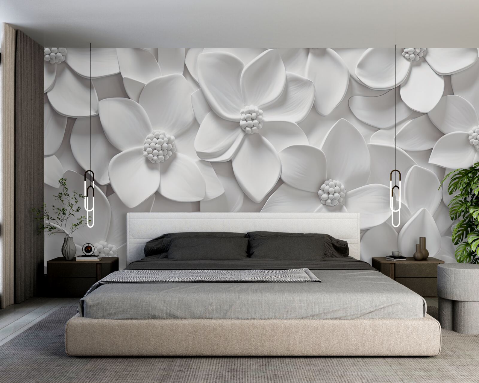 Fototapeten Weiße Blüten in einem Bas -Relief kombiniert