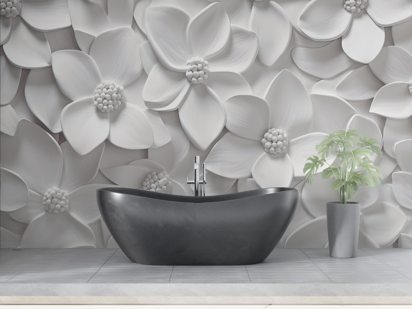 Fototapeten Weiße Blüten in einem Bas -Relief kombiniert