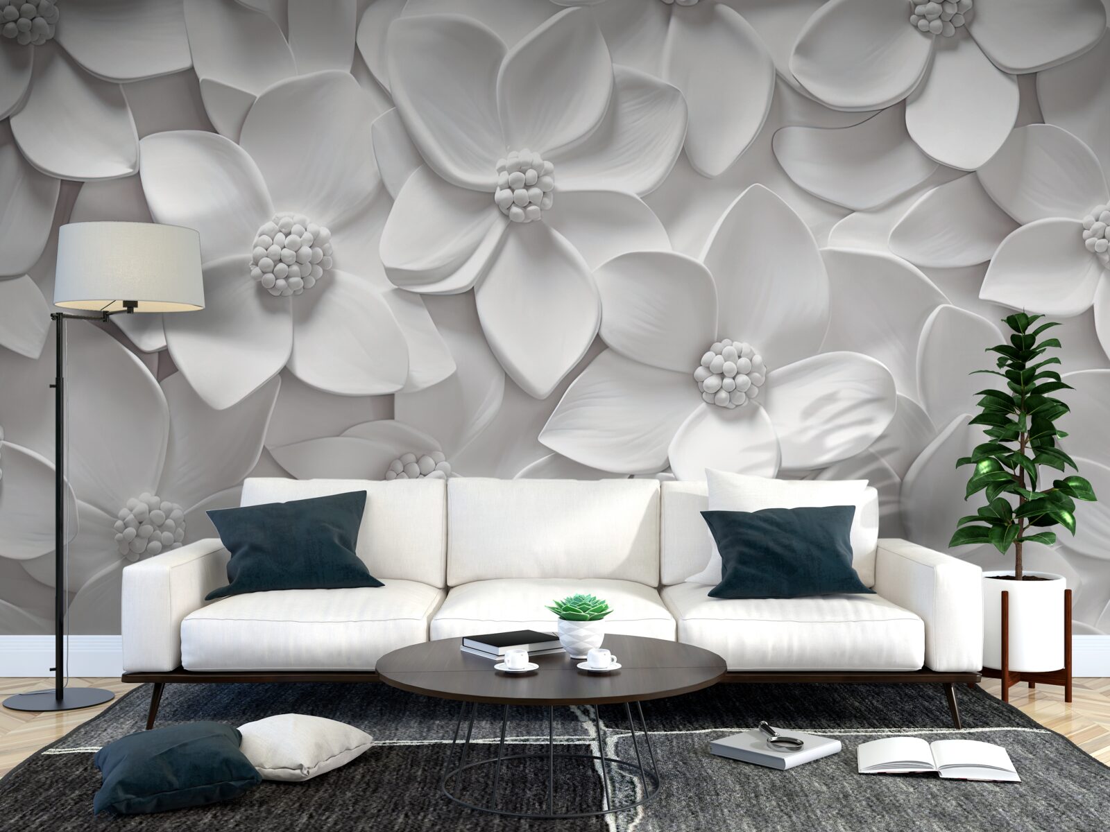 Fototapeten Weiße Blüten in einem Bas -Relief kombiniert