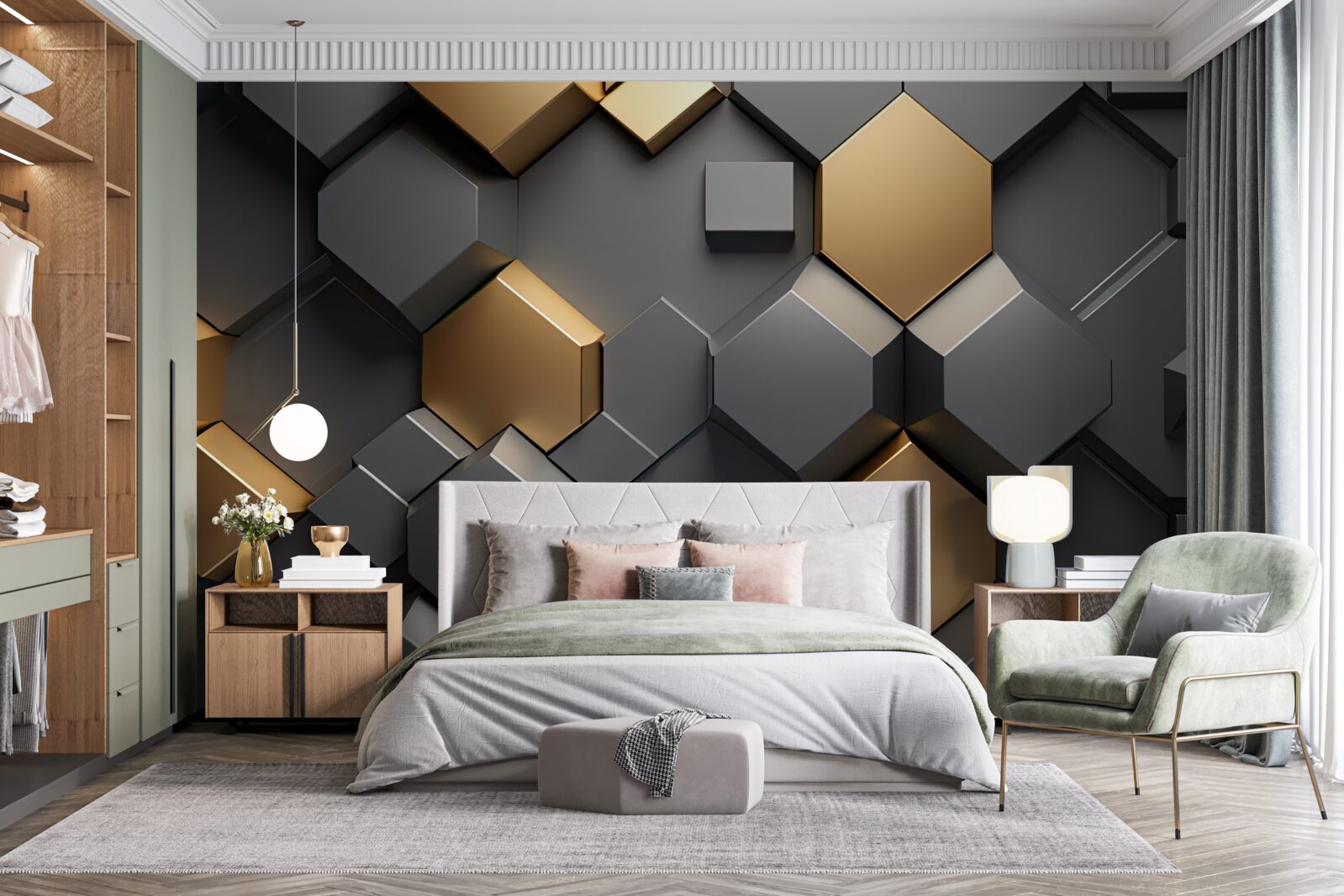 Fototapeten Geometrische Formen in schwarzen und goldenen Farben