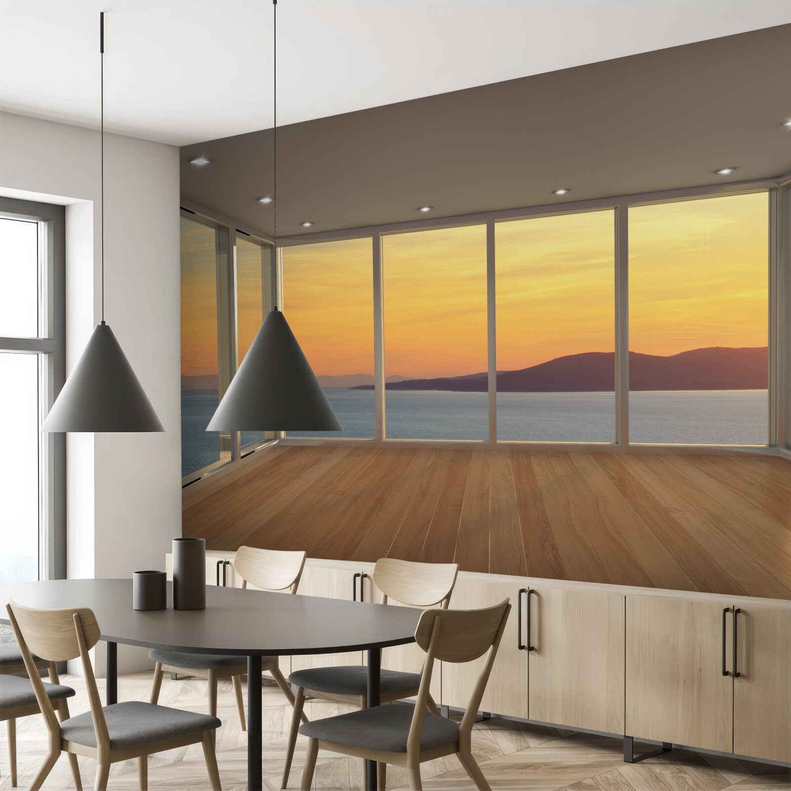 Fototapeten Unglaublich schöne Landschaft aus Sonnenuntergang und Meer aus Panoramafenstern
