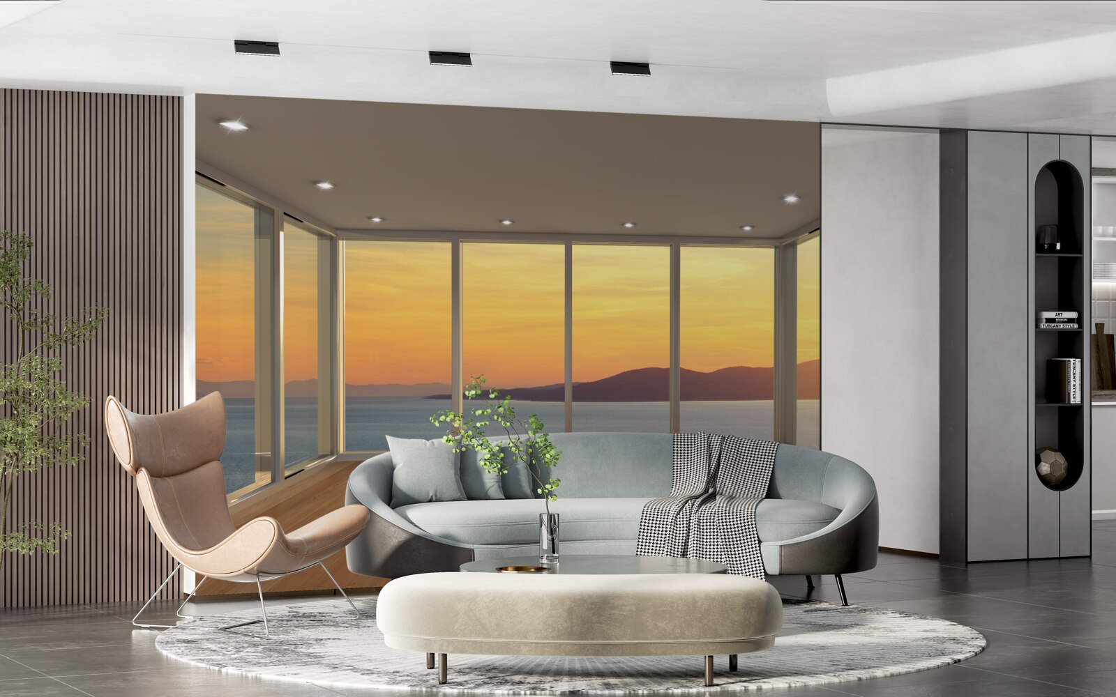 Fototapeten Unglaublich schöne Landschaft aus Sonnenuntergang und Meer aus Panoramafenstern
