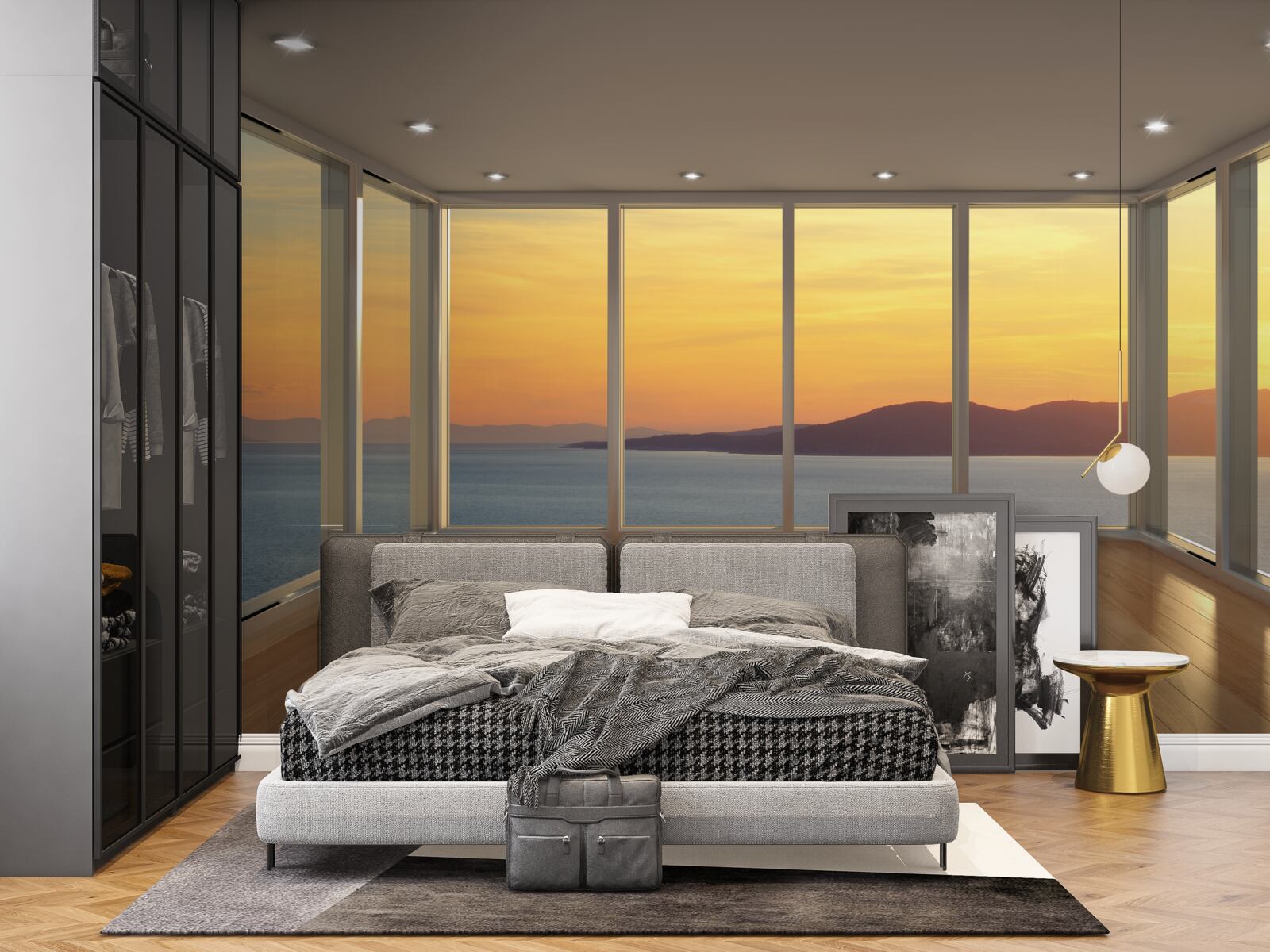 Fototapeten Unglaublich schöne Landschaft aus Sonnenuntergang und Meer aus Panoramafenstern
