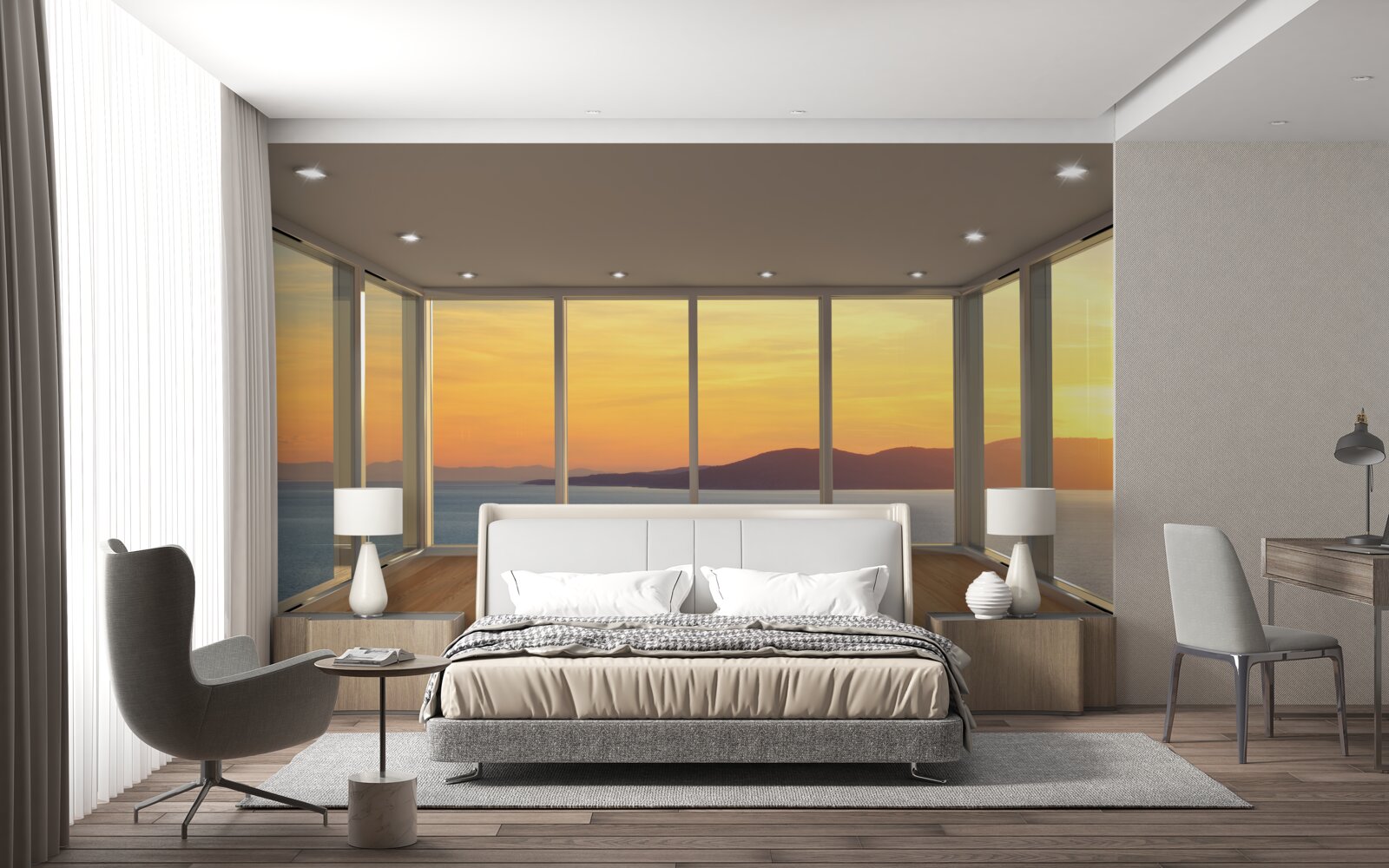 Fototapeten Unglaublich schöne Landschaft aus Sonnenuntergang und Meer aus Panoramafenstern