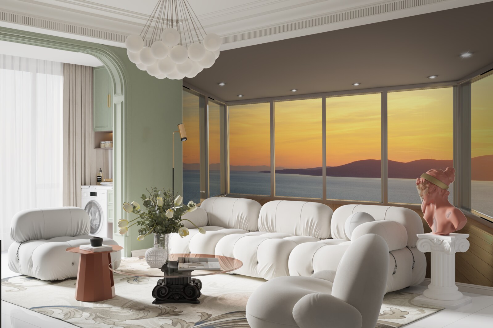 Fototapeten Unglaublich schöne Landschaft aus Sonnenuntergang und Meer aus Panoramafenstern