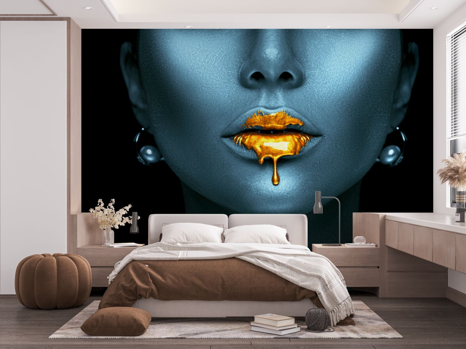 Fototapeten Eine Frau mit Lippen mit goldener Farbe bedeckt